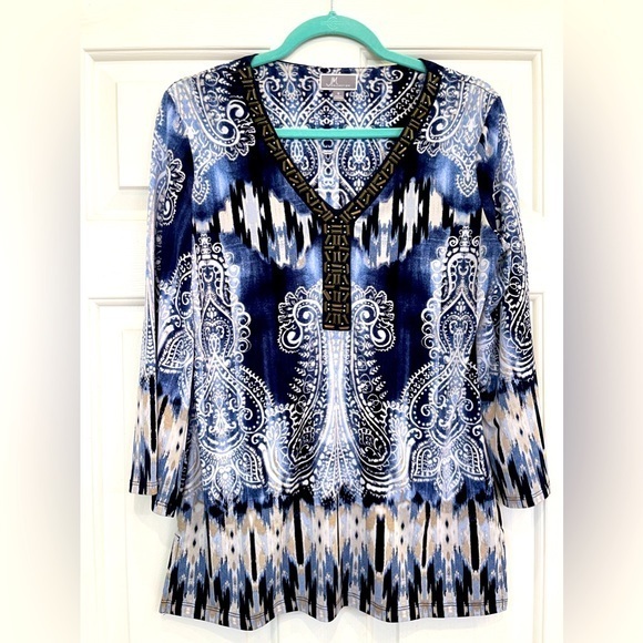 JM Collection Tops - JM Collection Embellished Tunic Top Blue Moroccan Print Size Small